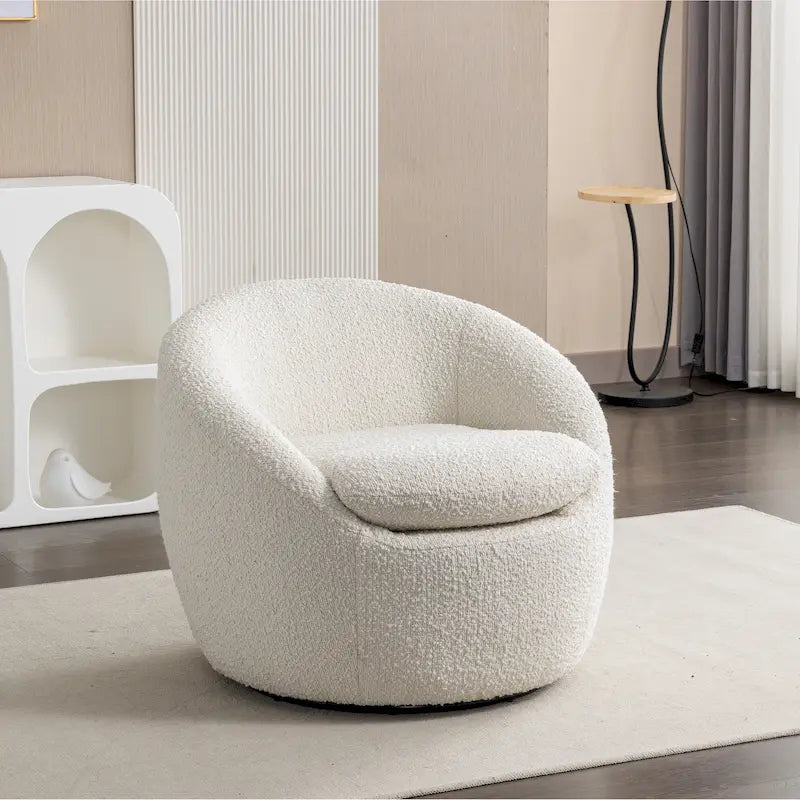 Fauteuil tonneau pivotant rembourré en tissu bouclette blanc crème 31