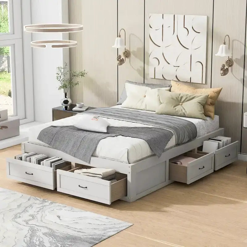Lit plate-forme Queen Size avec 6 tiroirs de rangement