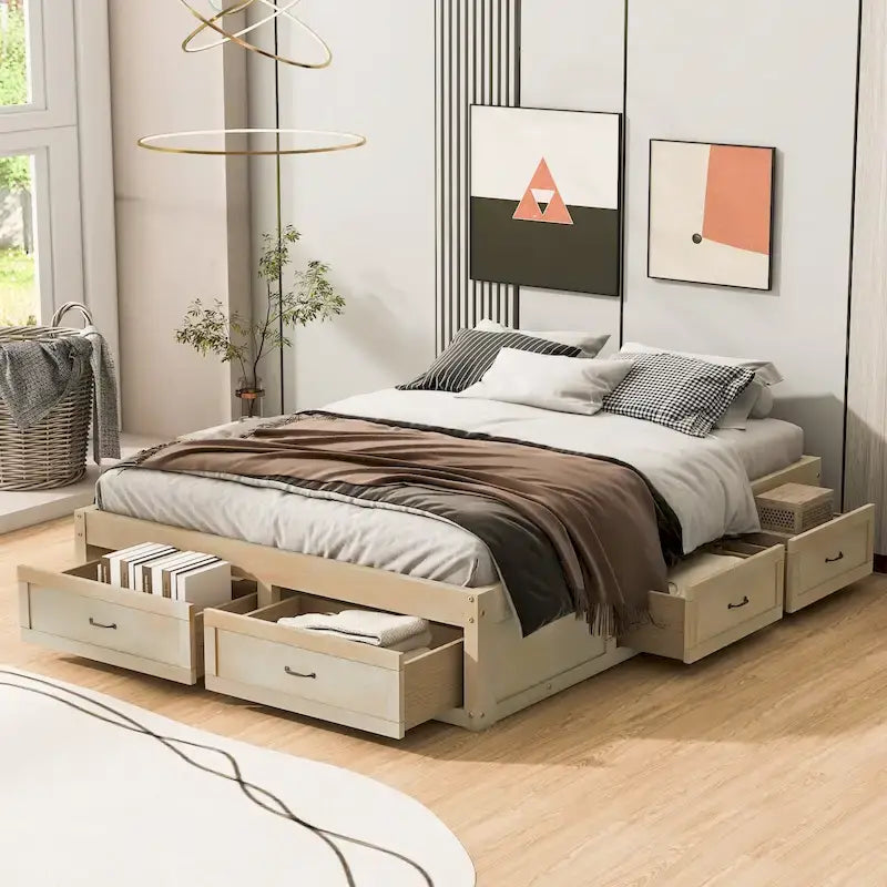 Lit plate-forme Queen Size avec 6 tiroirs de rangement