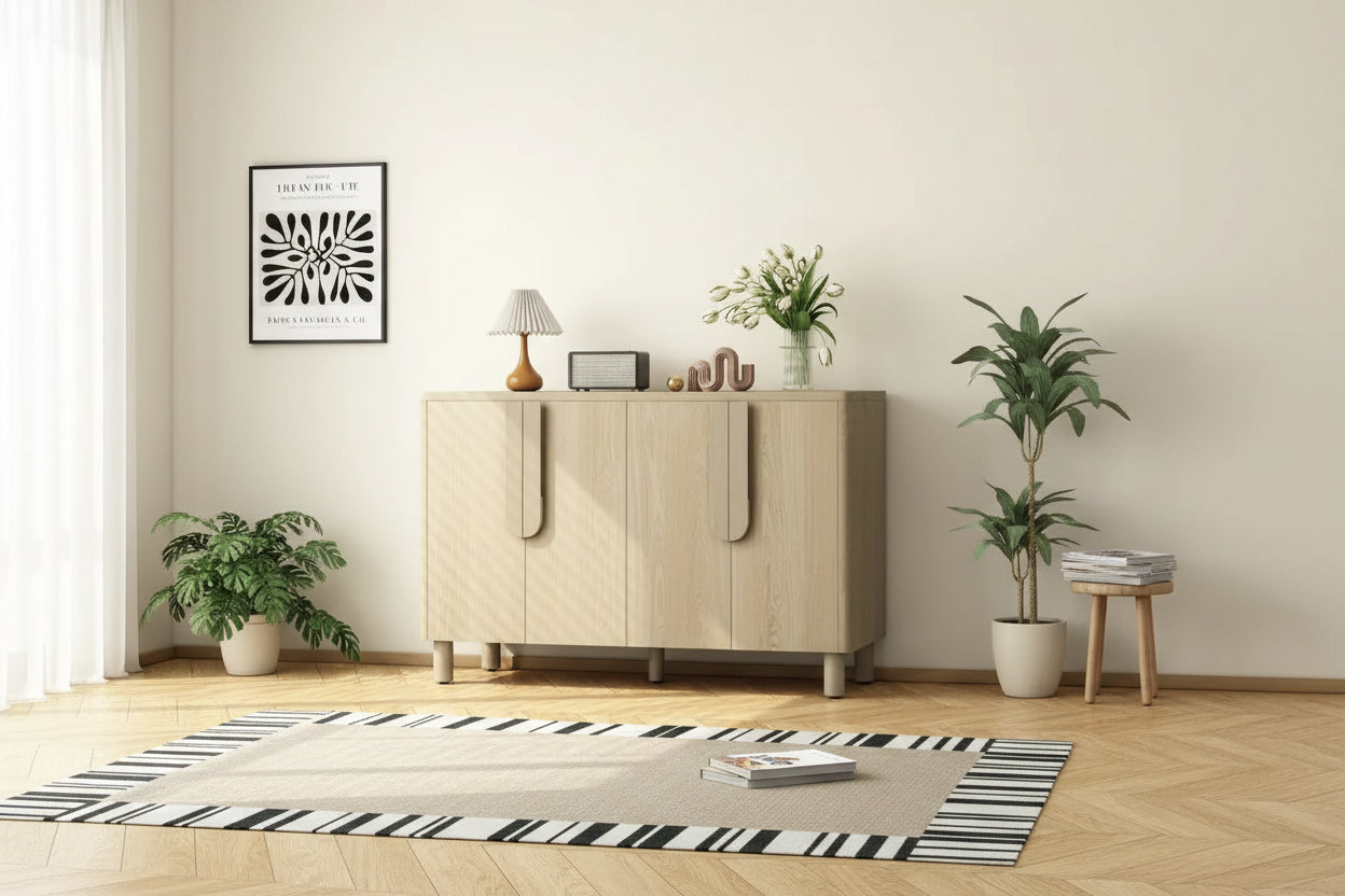 4-Door Buffet Cabinet with Storage, Wood Sideboard Cabinet with Unique Arc Handles and Adjustable Shelves