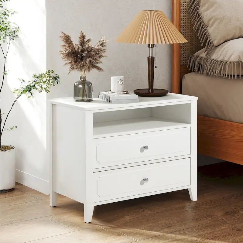 Table de chevet large et moderne avec 2 tiroirs et rangement ouvert, Table de chevet de chambre à coucher avec pieds en bois massif