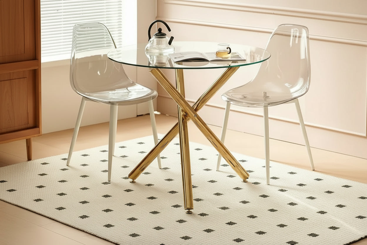 Modern 5-Piece Dining Set with Round Glass Metal Pedestal Table & 4 Transparent Chairs