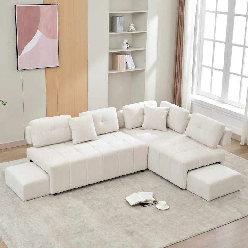Canapé d'angle 4 places en L de 91,73 po avec 2 tabourets cachés, 2 coussins lombaires amovibles et revêtement en chenille durable