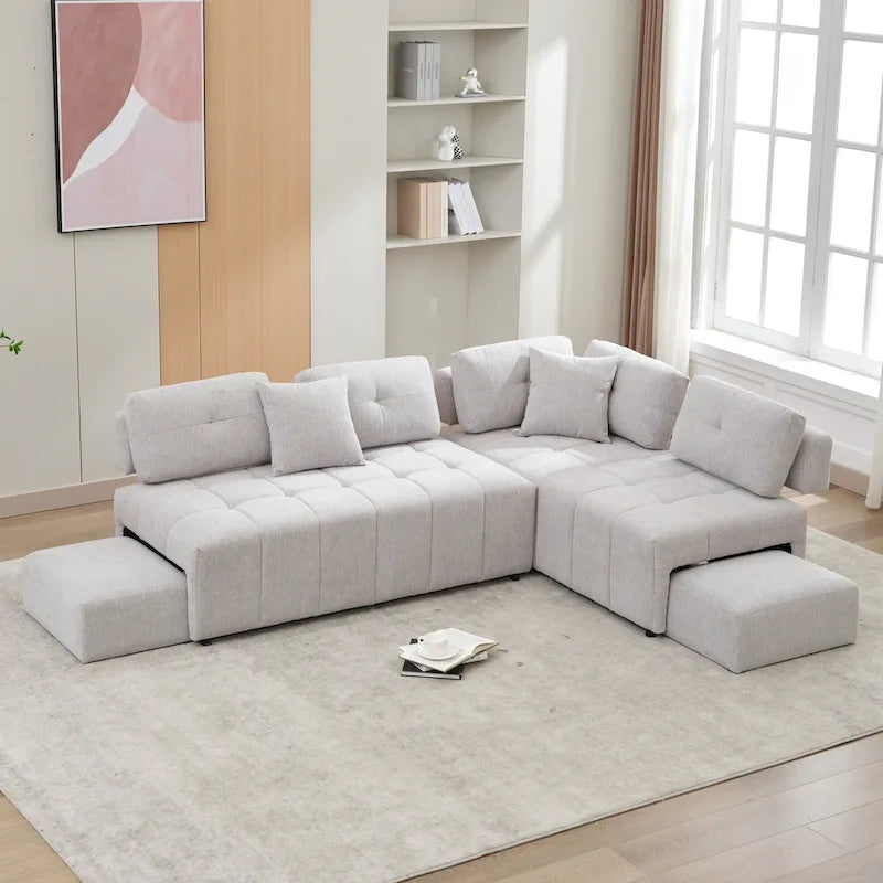Canapé d'angle 4 places en L de 91,73 po avec 2 tabourets cachés, 2 coussins lombaires amovibles et revêtement en chenille durable