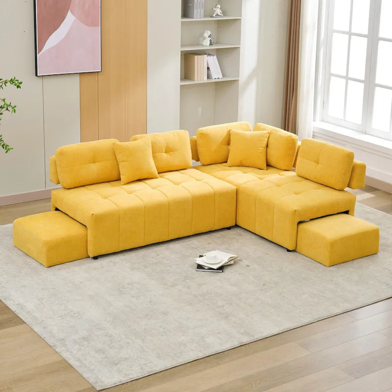 Canapé d'angle 4 places en L de 91,73 po avec 2 tabourets cachés, 2 coussins lombaires amovibles et revêtement en chenille durable