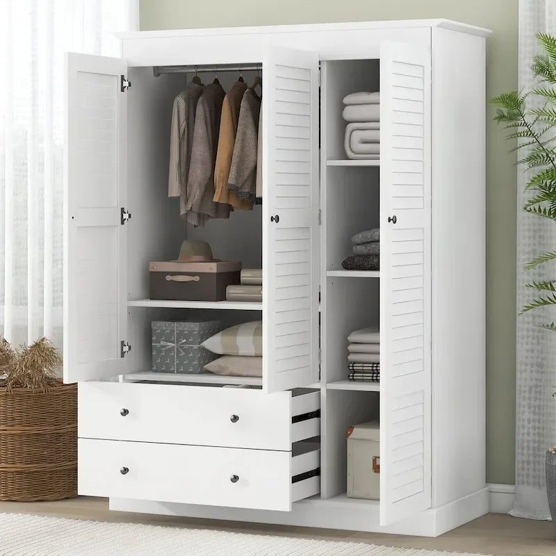 47,2 Armoire moderne avec 3 portes persiennes, 2 tiroirs et 4 étagères de rangement