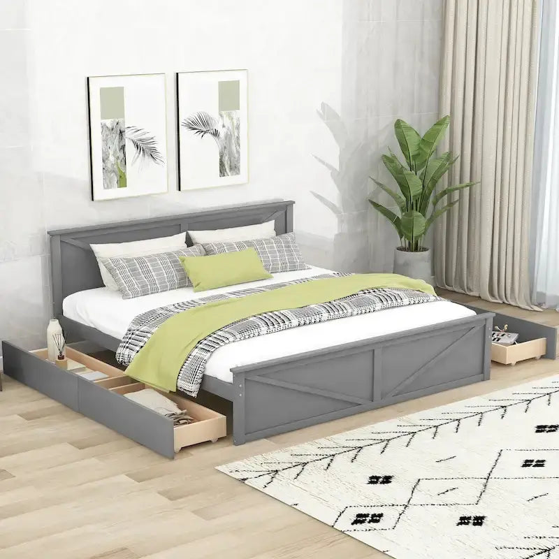 Lit plateforme en bois avec 4 tiroirs de rangement et pieds de soutien