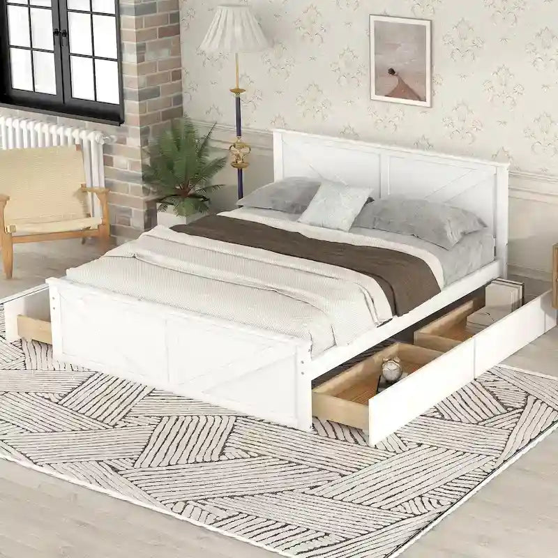Lit plateforme en bois avec 4 tiroirs de rangement et pieds de soutien